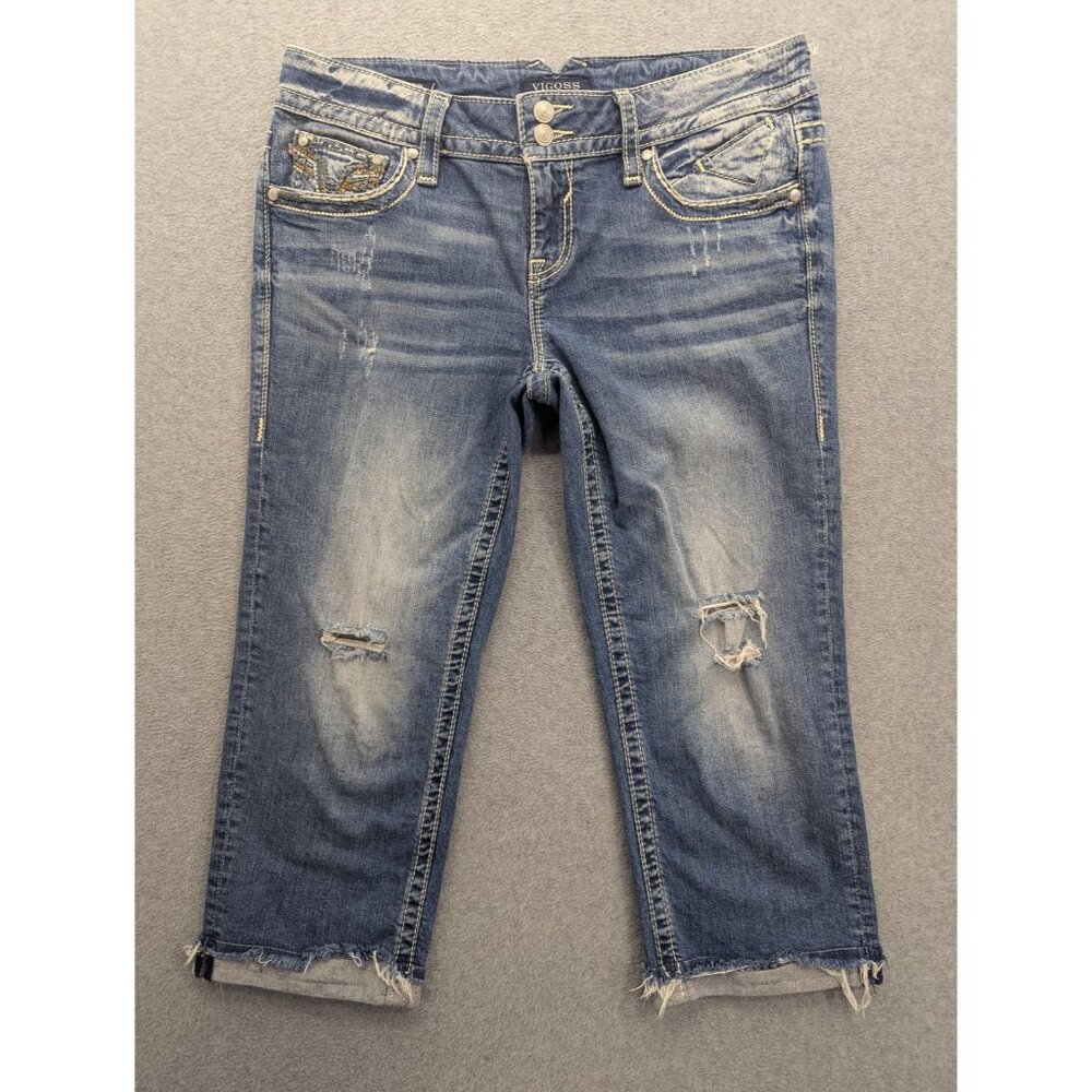 Vigoss The Dublin Capri Jeans 11/12 Blue Distressed Embroidered Pockets Comfort
